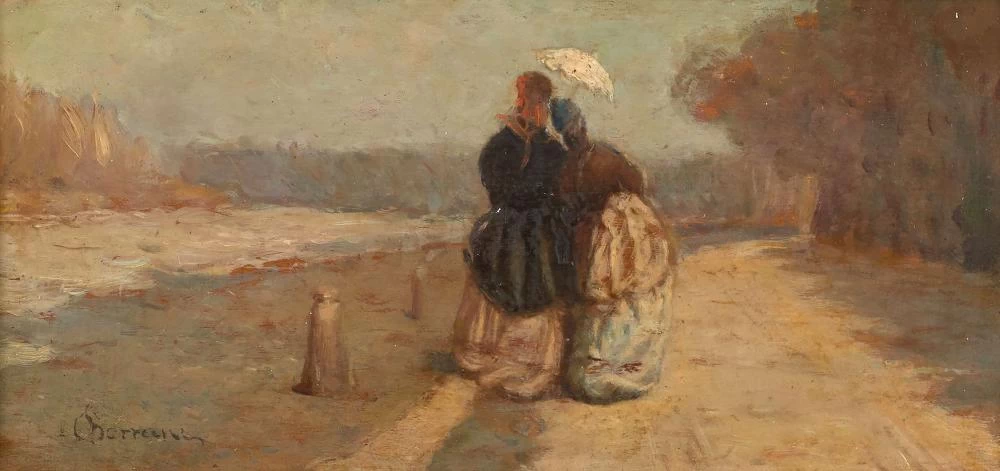 Due donne con parasole passeggiano lungo le rive dell'Arno